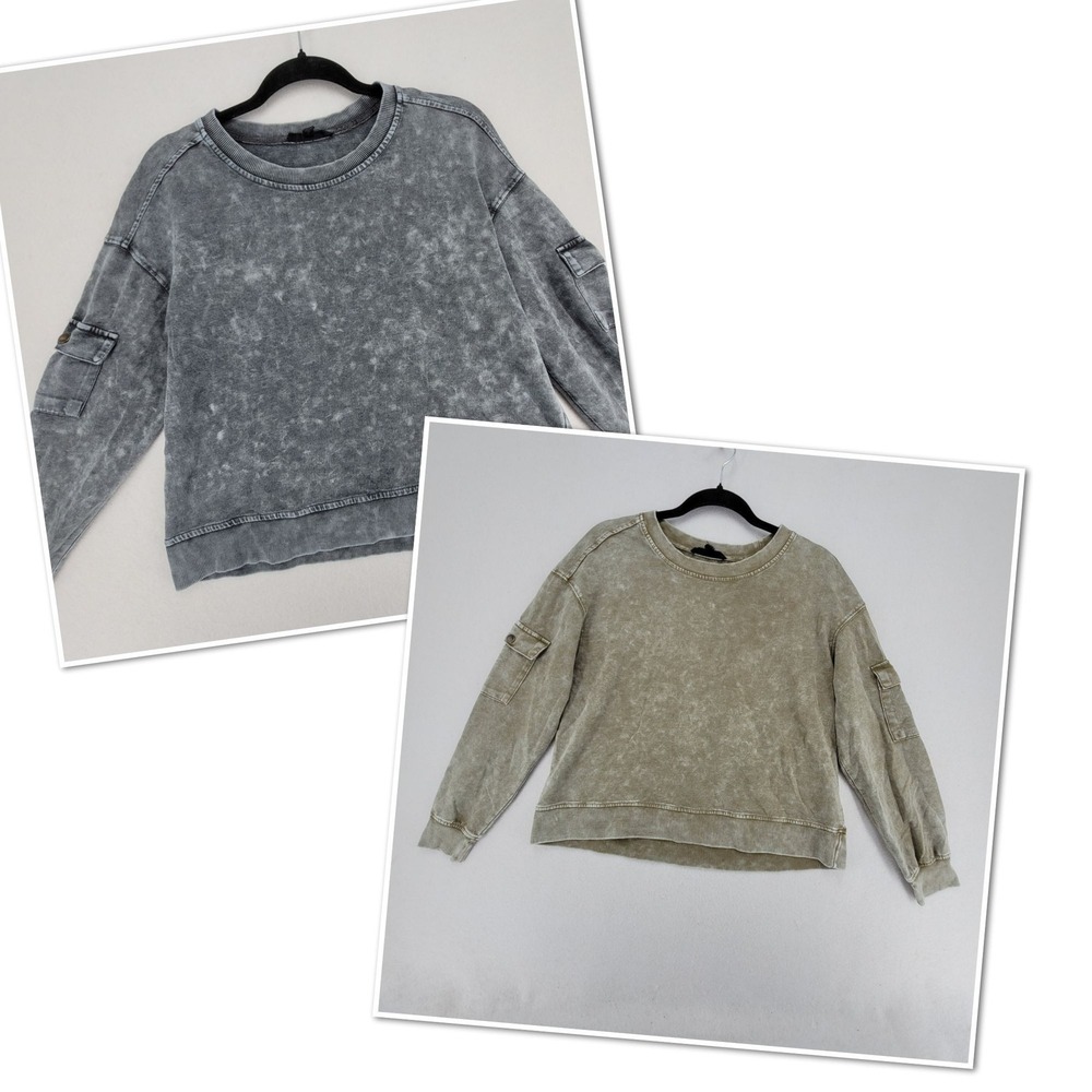 2 Jane + Delancey Women Sweatshirts M Gray Olive Acid Wash Cargo Sleeve Pullover
